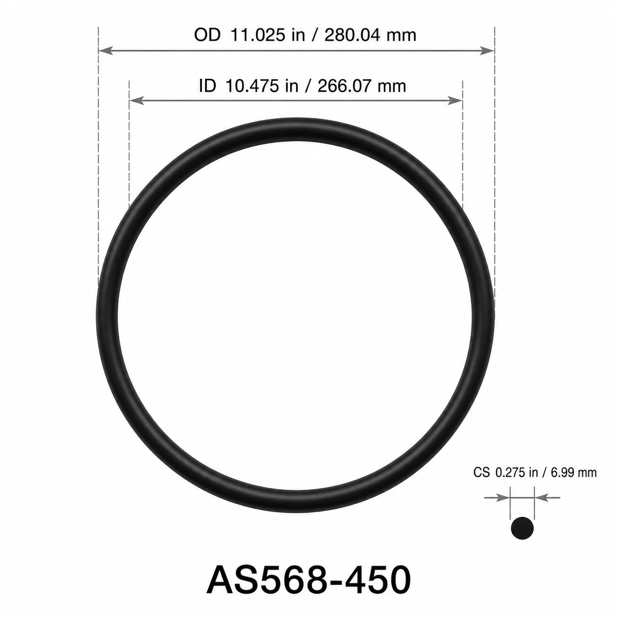 AS568-450 O-Ring – 10.475 in ID × 0.275 in CS – dimensional diagram showing ID, OD and cross-section