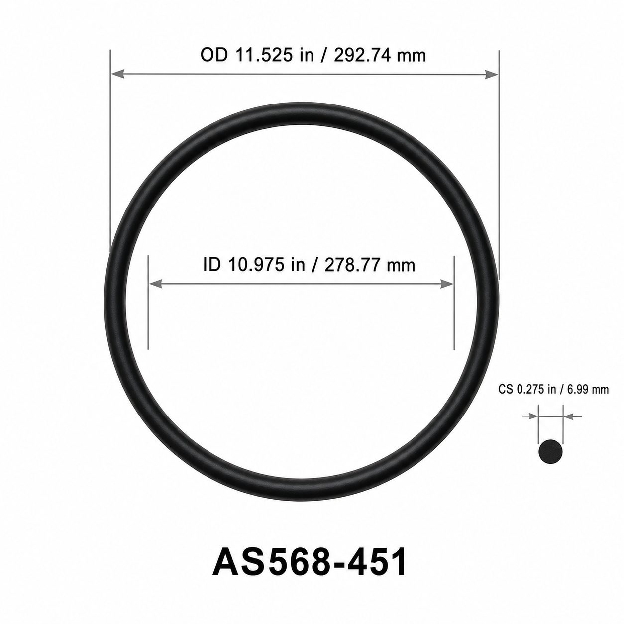 AS568-451 O-Ring – 10.975 in ID × 0.275 in CS – dimensional diagram showing ID, OD and cross-section