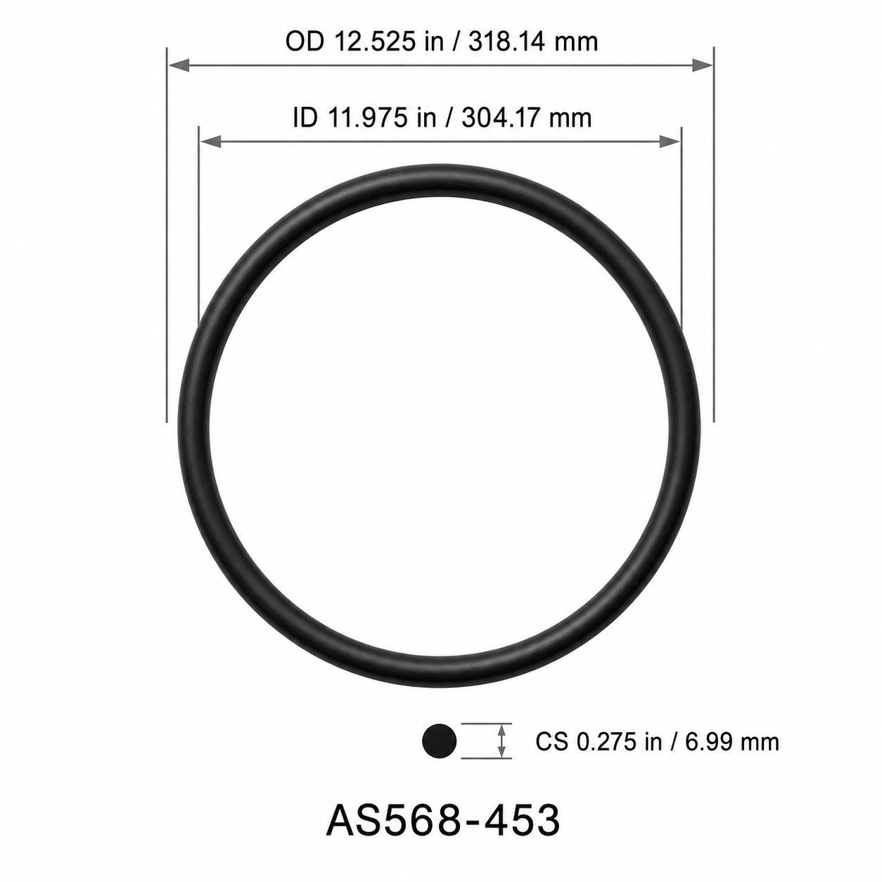 AS568-453 O-Ring – 11.975 in ID × 0.275 in CS – dimensional diagram showing ID, OD and cross-section