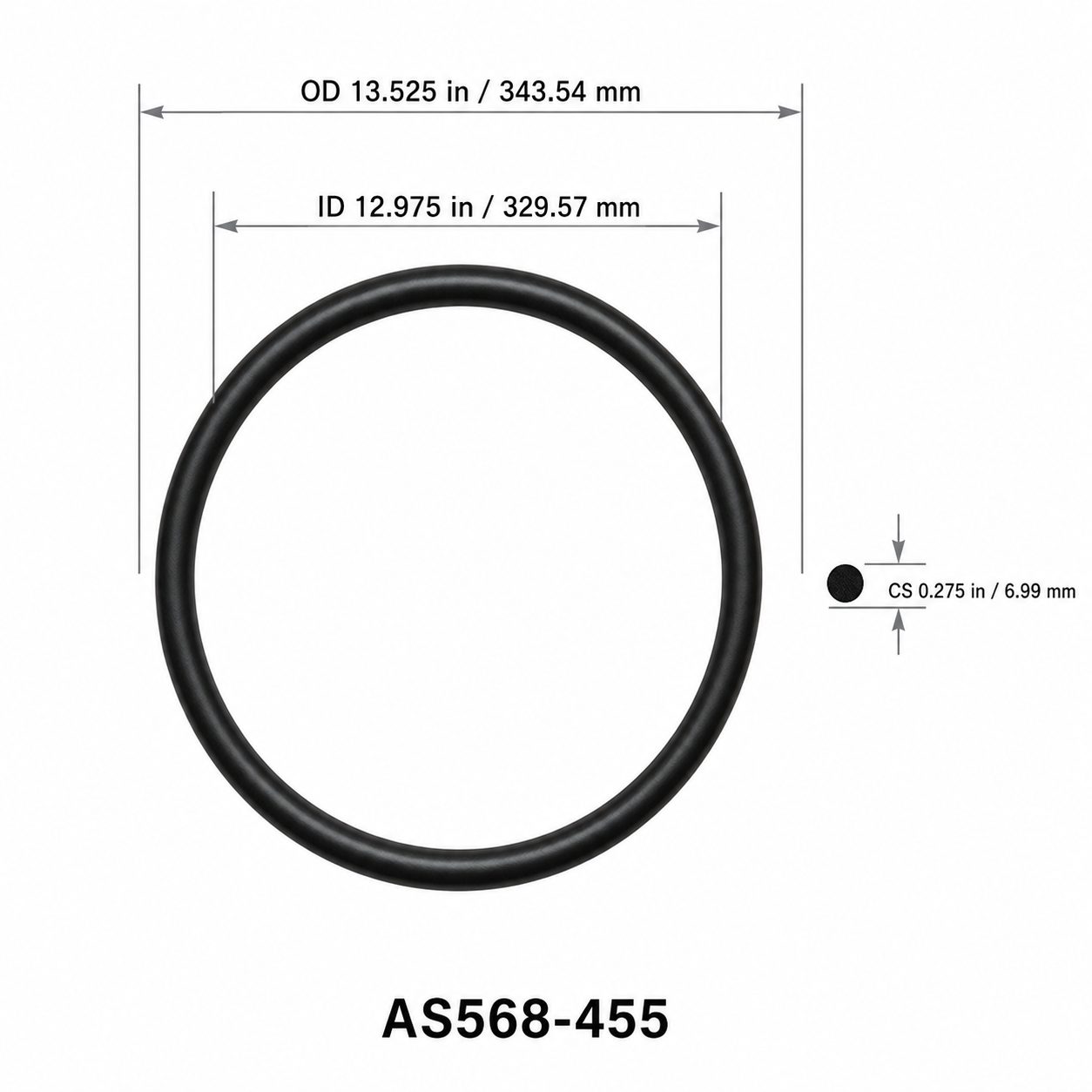 AS568-455 O-Ring – 12.975 in ID × 0.275 in CS – dimensional diagram showing ID, OD and cross-section