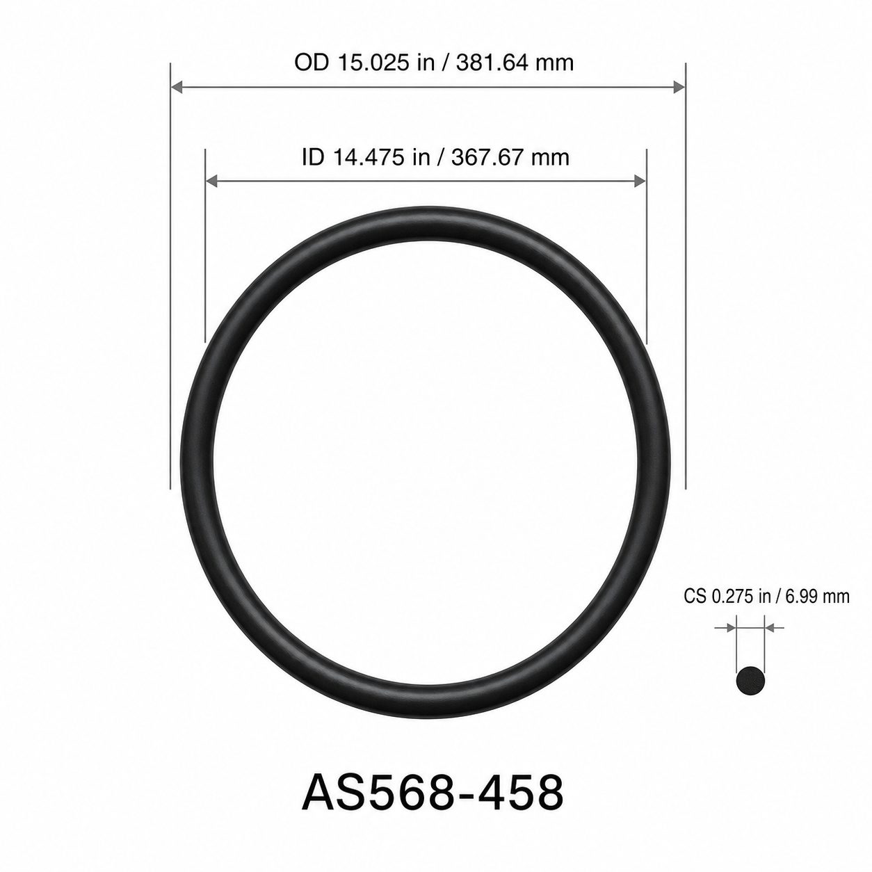 AS568-458 O-Ring – 14.475 in ID × 0.275 in CS – dimensional diagram showing ID, OD and cross-section