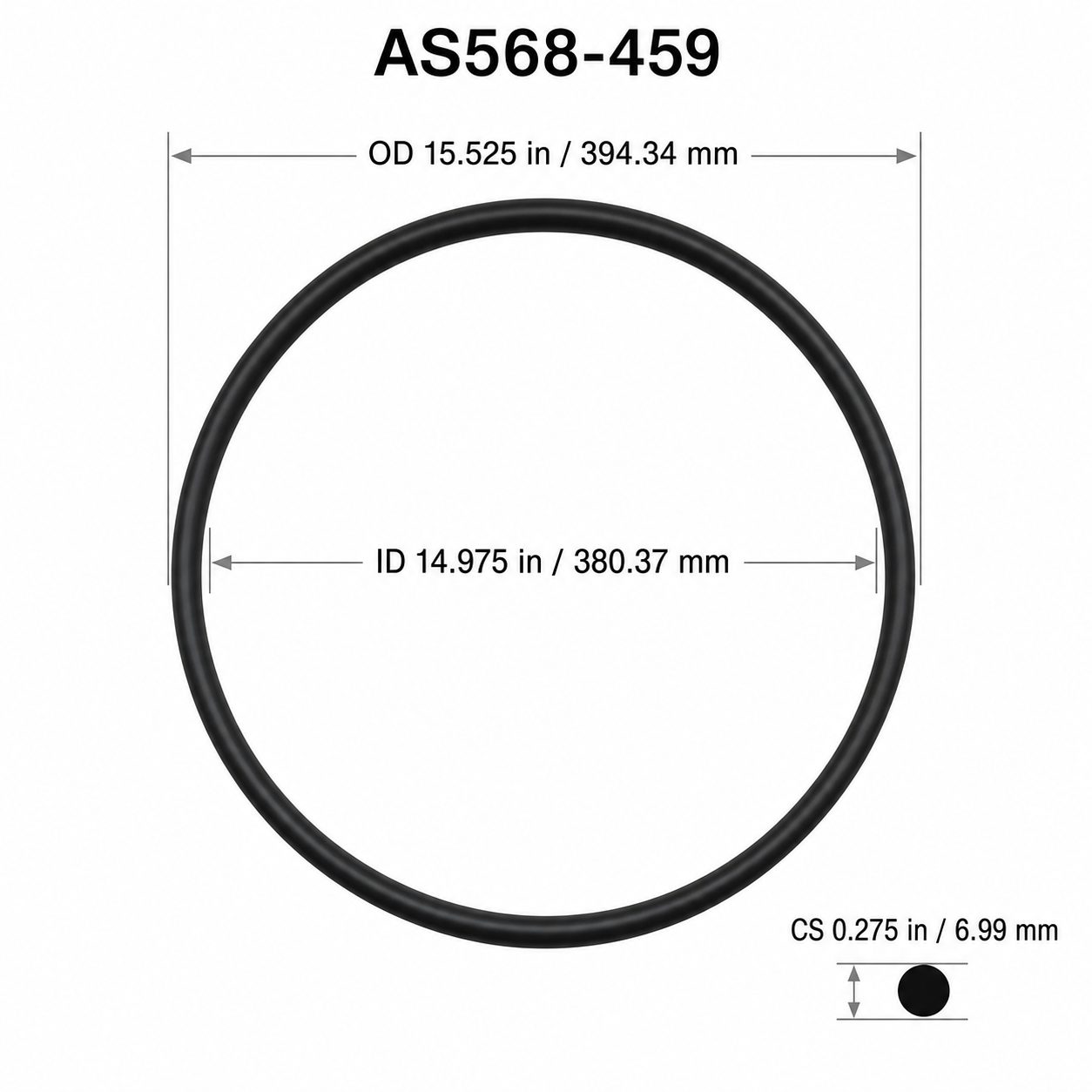 AS568-459 O-Ring – 14.975 in ID × 0.275 in CS – dimensional diagram showing ID, OD and cross-section