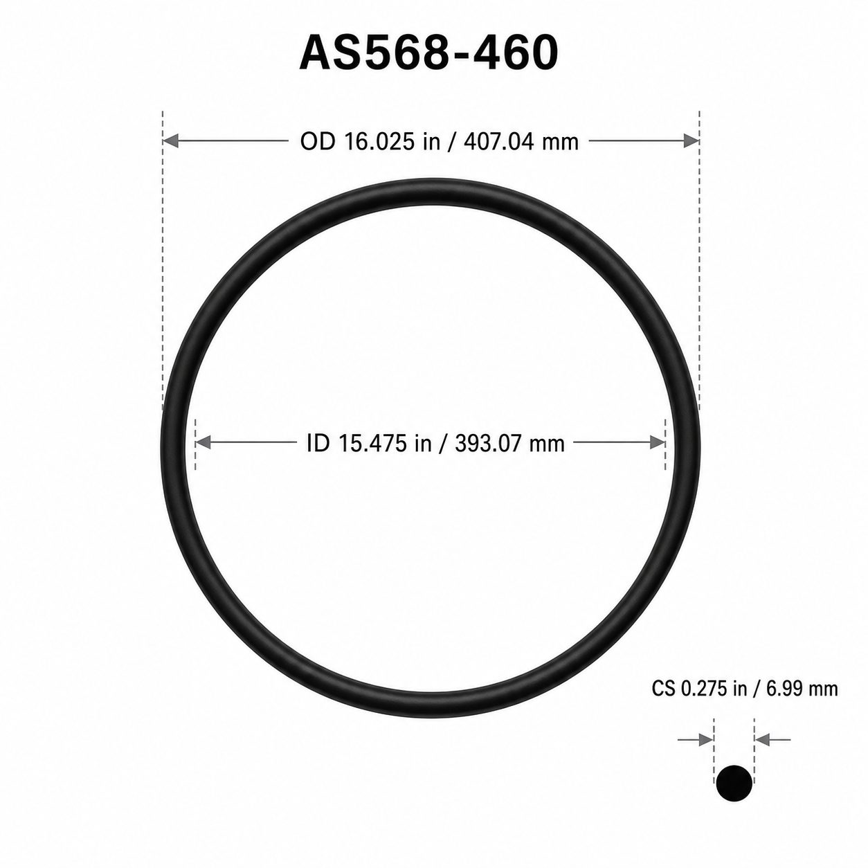 AS568-460 O-Ring – 15.475 in ID × 0.275 in CS – dimensional diagram showing ID, OD and cross-section
