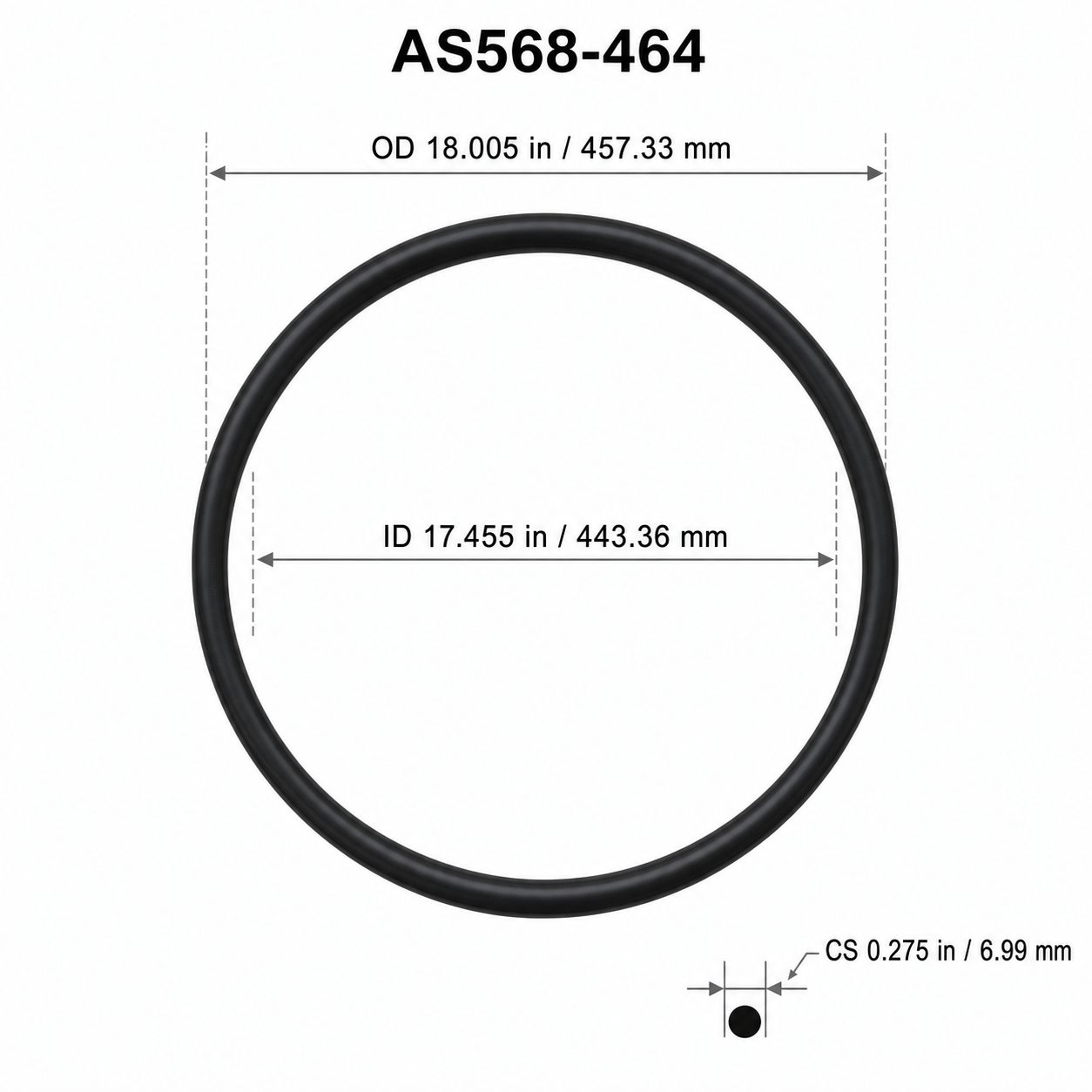 AS568-464 O-Ring – 17.455 in ID × 0.275 in CS – dimensional diagram showing ID, OD and cross-section
