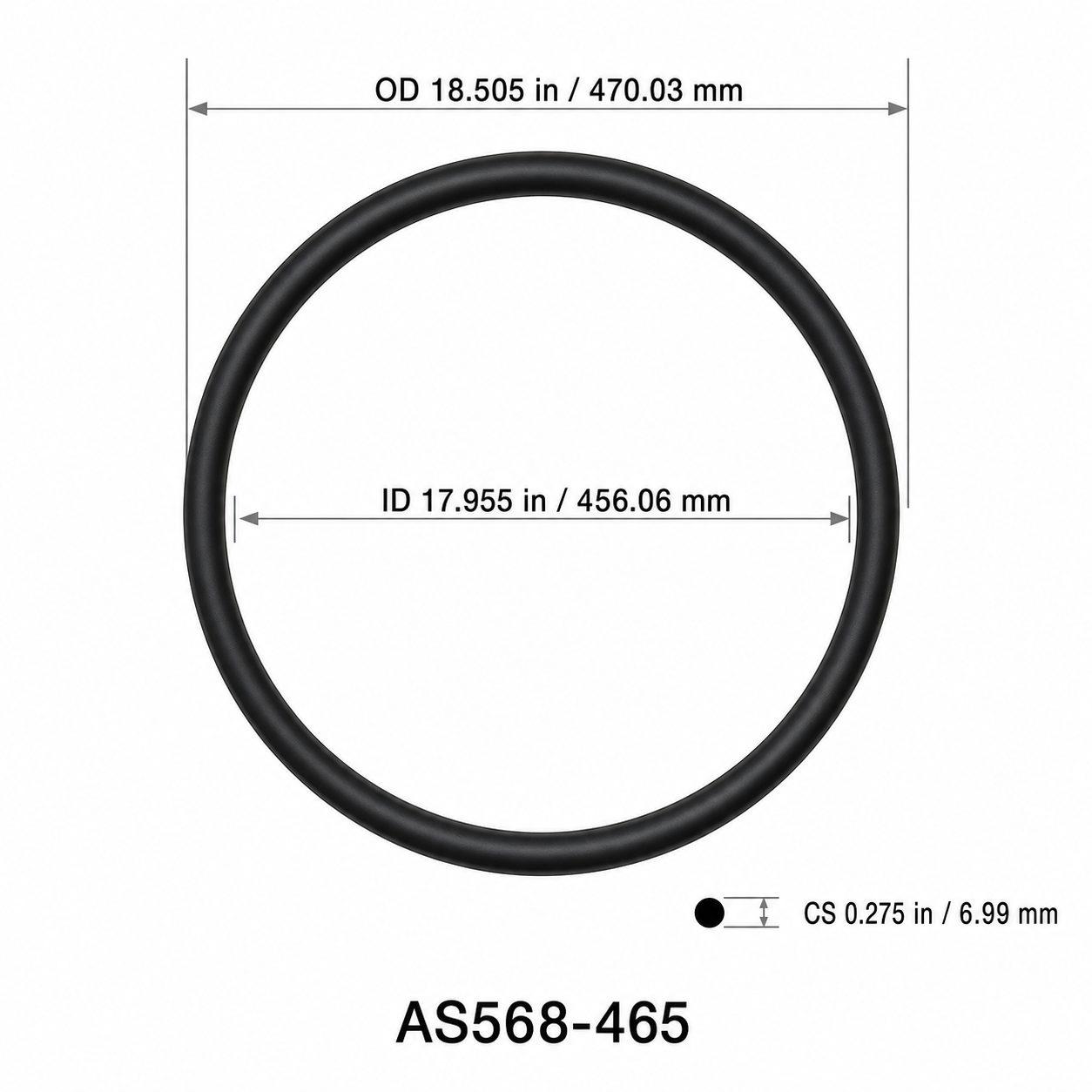 AS568-465 O-Ring – 17.955 in ID × 0.275 in CS – dimensional diagram showing ID, OD and cross-section