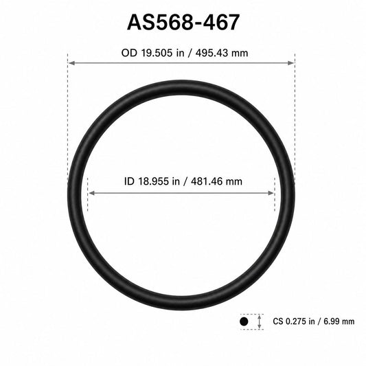AS568-467 O-Ring – 18.955 in ID × 0.275 in CS – dimensional diagram showing ID, OD and cross-section
