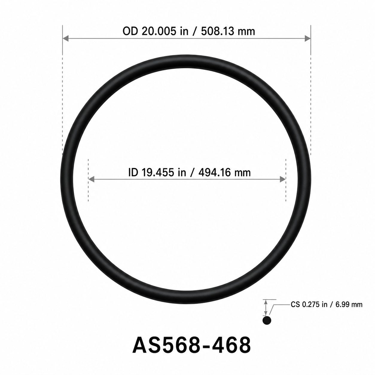 AS568-468 O-Ring – 19.455 in ID × 0.275 in CS – dimensional diagram showing ID, OD and cross-section