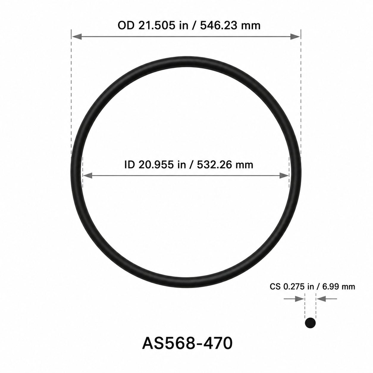 AS568-470 O-Ring – 20.955 in ID × 0.275 in CS – dimensional diagram showing ID, OD and cross-section