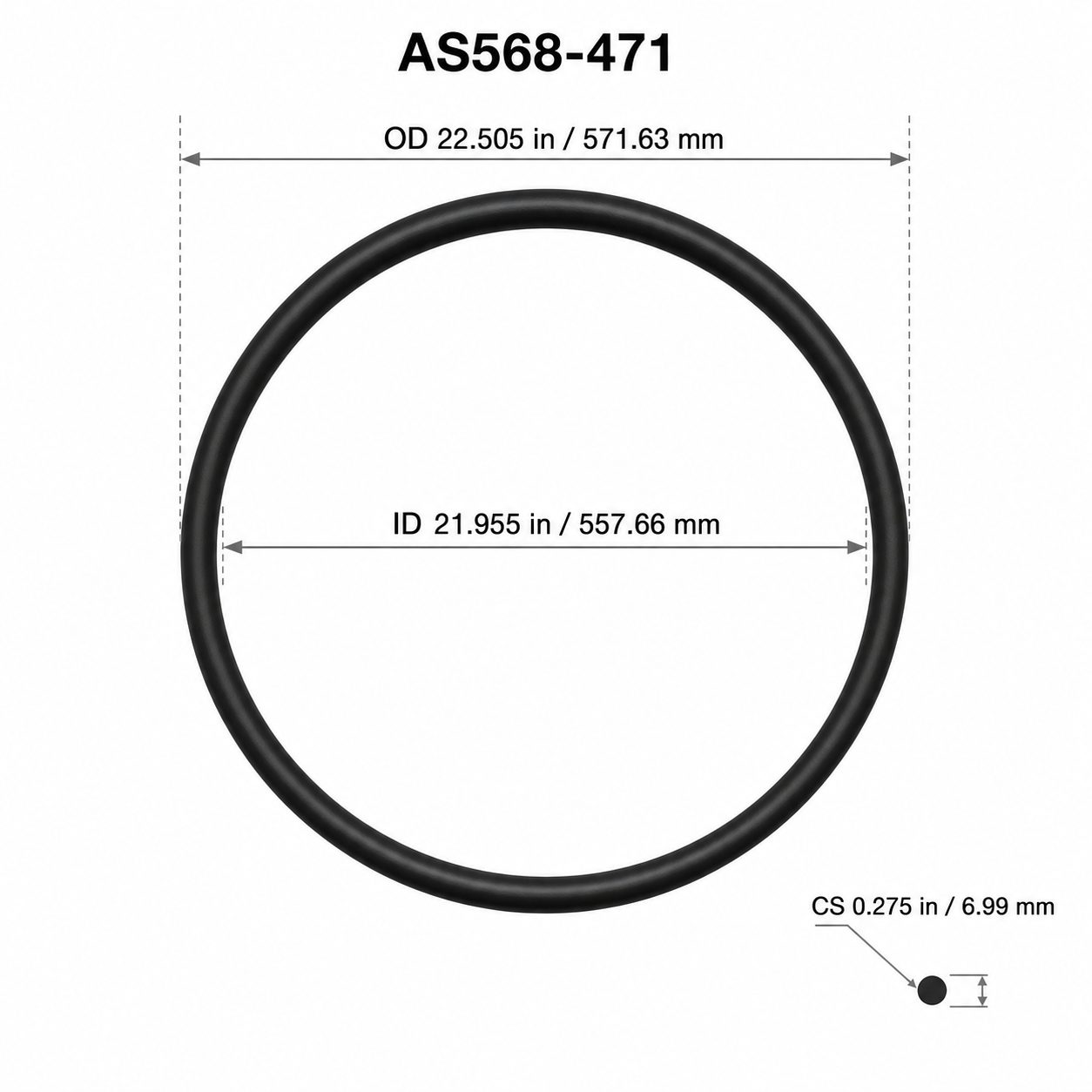 AS568-471 O-Ring – 21.955 in ID × 0.275 in CS – dimensional diagram showing ID, OD and cross-section