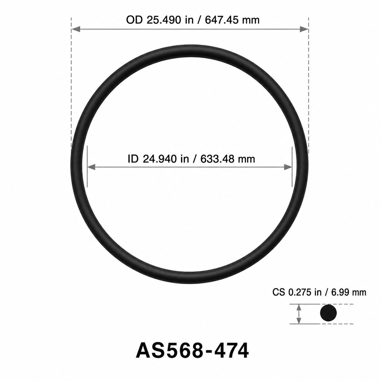 AS568-474 O-Ring – 24.940 in ID × 0.275 in CS – dimensional diagram showing ID, OD and cross-section