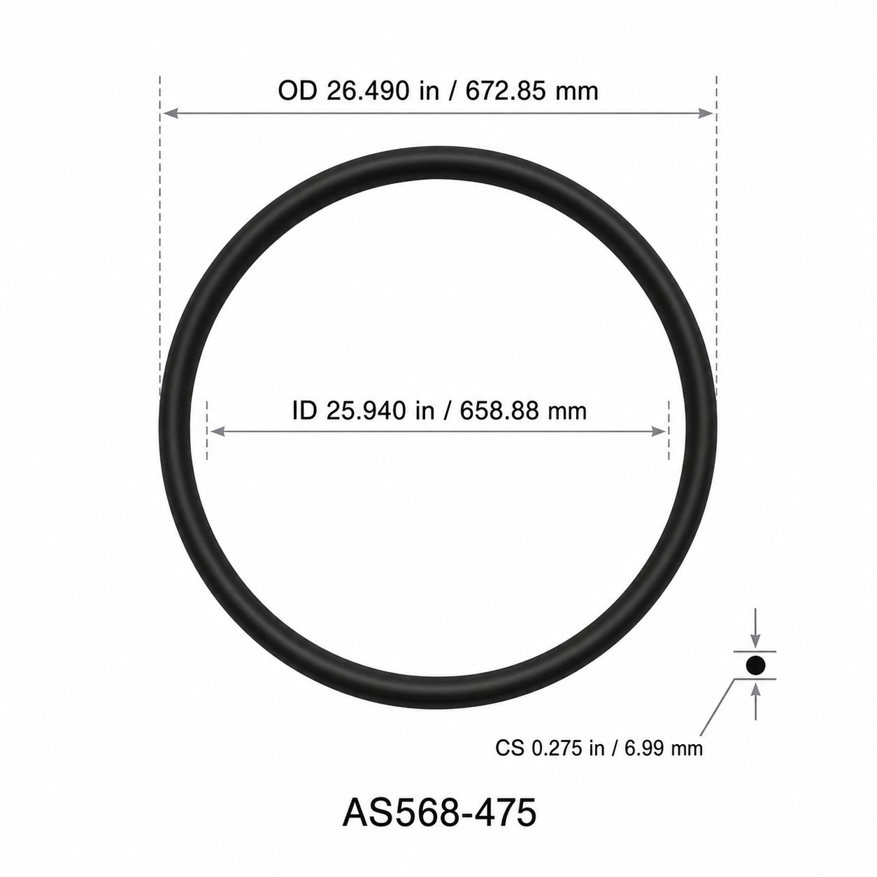 AS568-475 O-Ring – 25.940 in ID × 0.275 in CS – dimensional diagram showing ID, OD and cross-section