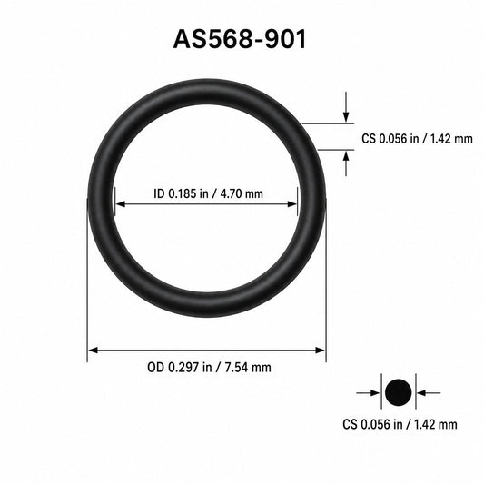 AS568-901 O-Ring Boss Seal – 0.185 in ID × 0.056 in CS – dimensional diagram showing ID, OD and cross-section