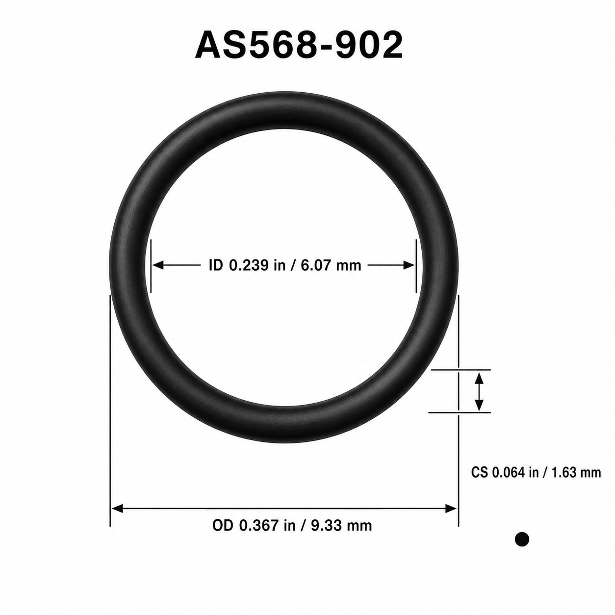 AS568-902 O-Ring Boss Seal – 0.239 in ID × 0.064 in CS – dimensional diagram showing ID, OD and cross-section