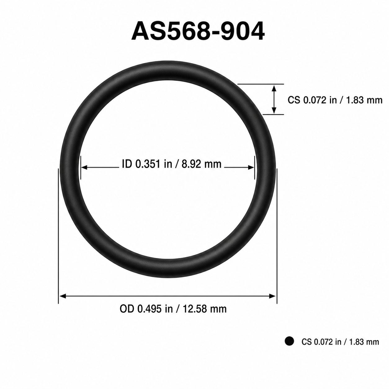 AS568-904 O-Ring Boss Seal – 0.351 in ID × 0.072 in CS – dimensional diagram showing ID, OD and cross-section