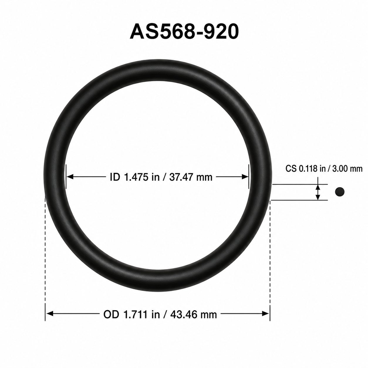 AS568-920 O-Ring Boss Seal – 1.475 in ID × 0.118 in CS – dimensional diagram showing ID, OD and cross-section