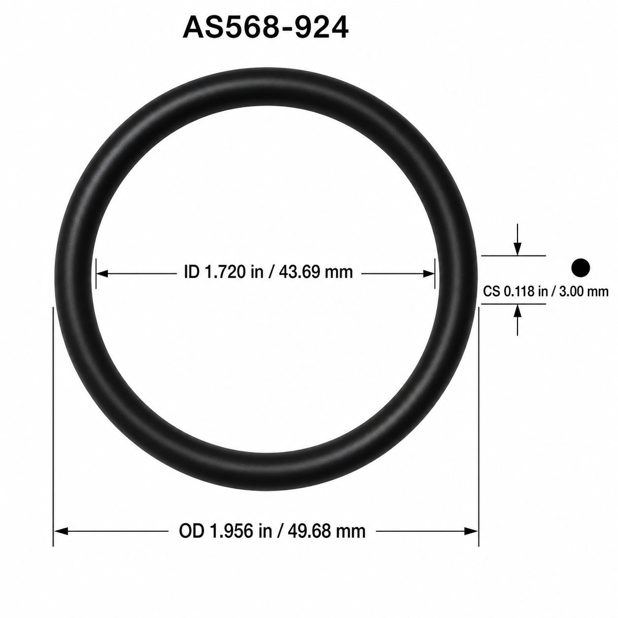 AS568-924 O-Ring Boss Seal – 1.720 in ID × 0.118 in CS – dimensional diagram showing ID, OD and cross-section
