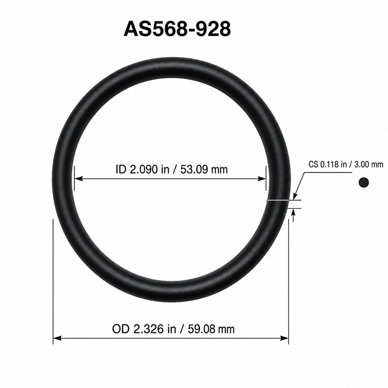 AS568-928 O-Ring Boss Seal – 2.090 in ID × 0.118 in CS – dimensional diagram showing ID, OD and cross-section