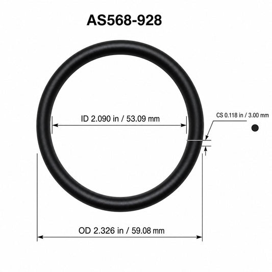 AS568-928 O-Ring Boss Seal – 2.090 in ID × 0.118 in CS – dimensional diagram showing ID, OD and cross-section