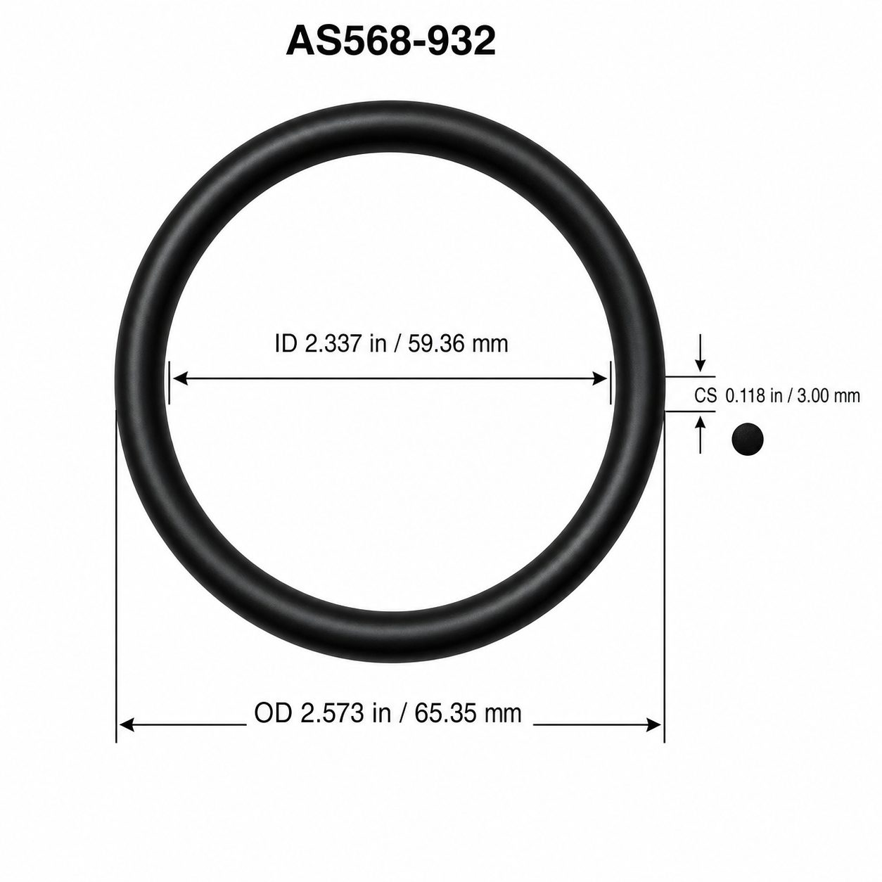 AS568-932 O-Ring Boss Seal – 2.337 in ID × 0.118 in CS – dimensional diagram showing ID, OD and cross-section