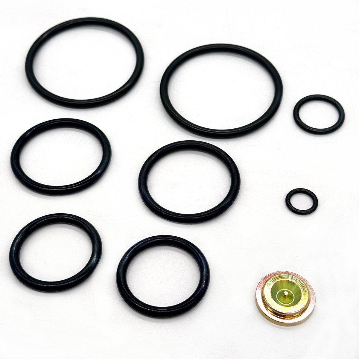 Baker Style #20 short-stroke redress kit sealing rings and metal component on a white background