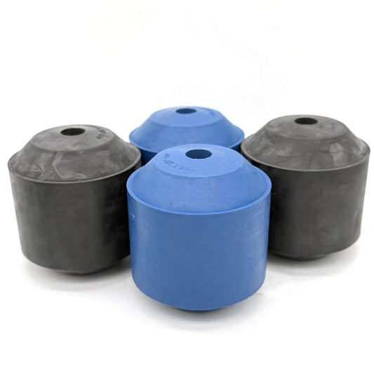 Blue and black H/GA oil saver rubbers arranged on a white background
