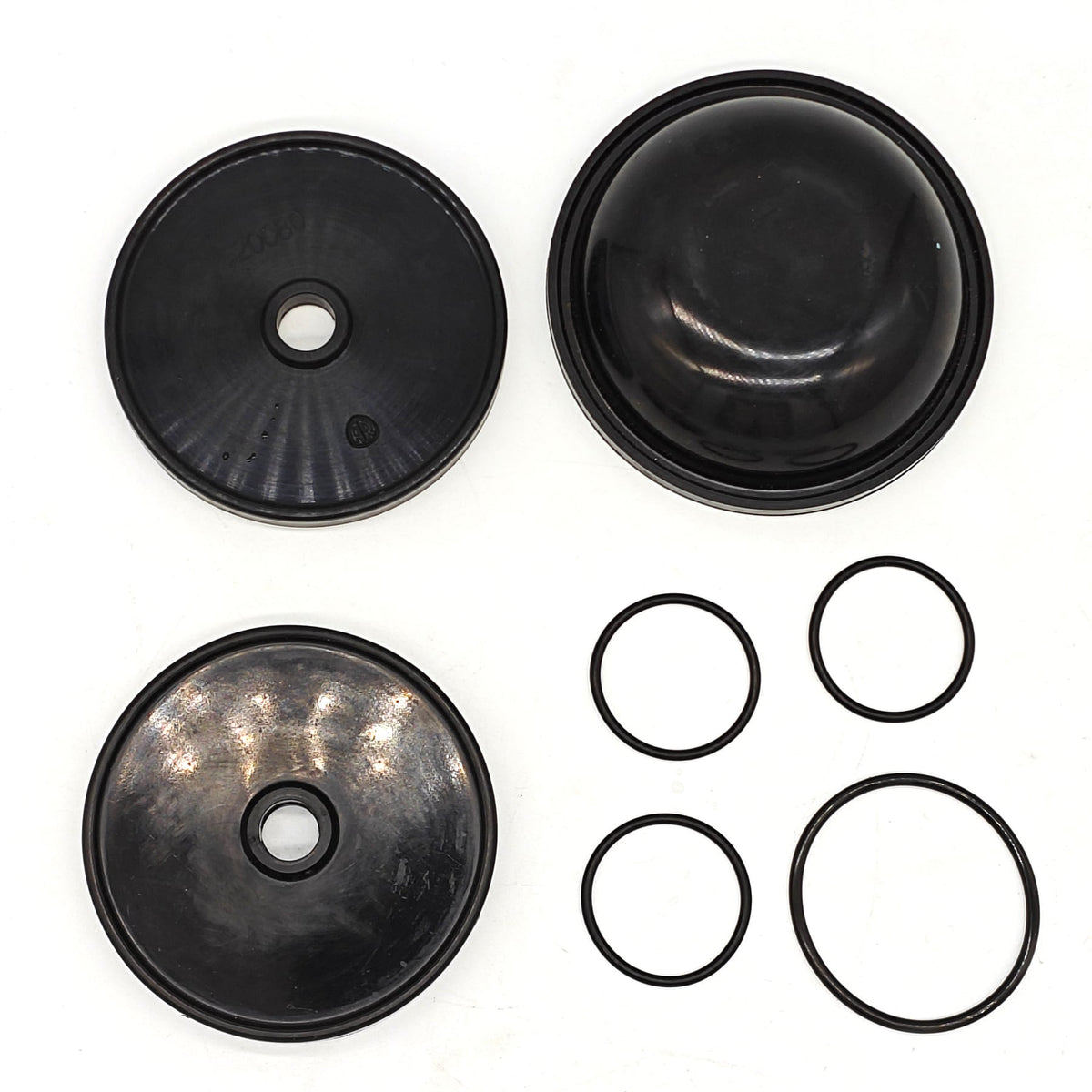 Molded rubber diaphragms and O-rings arranged on a white background