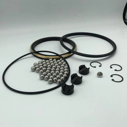Forum-style swivel joint repair kit components with seal rings and steel balls