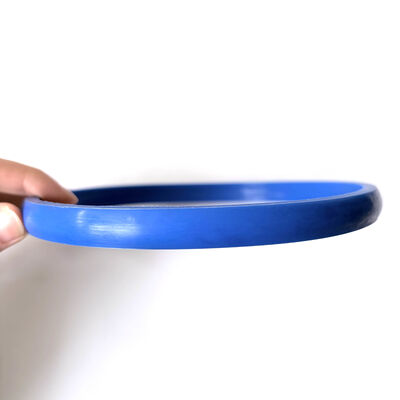 Blue broad-profile circular seal ring shown from the side