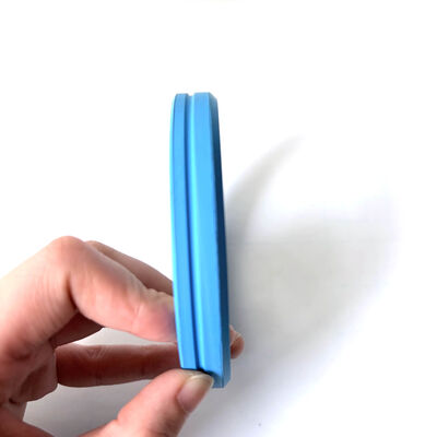 Blue molded circular seal ring shown edge-on with a grooved profile