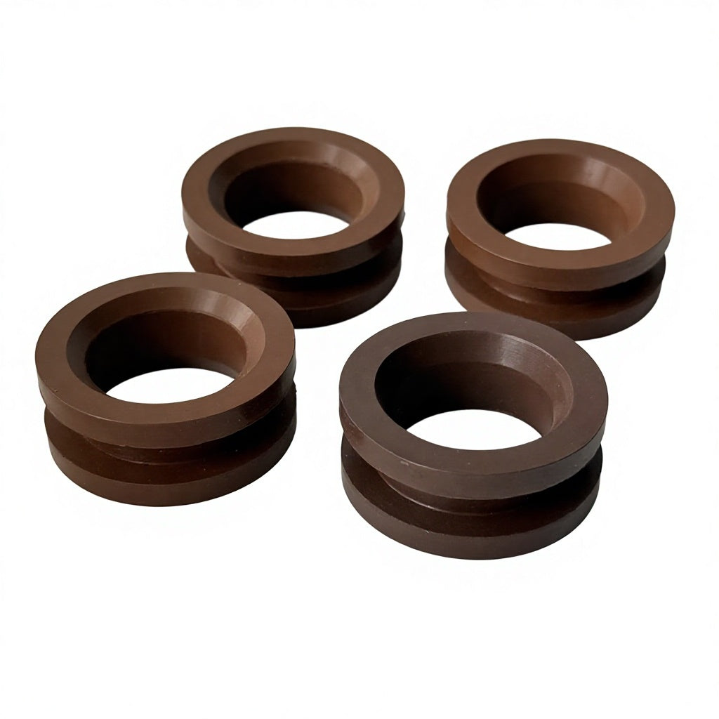 Four brown molded rubber grommets with center openings and double-flanged outer profiles