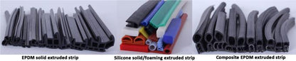 Assortment of custom extruded rubber profile cross-sections