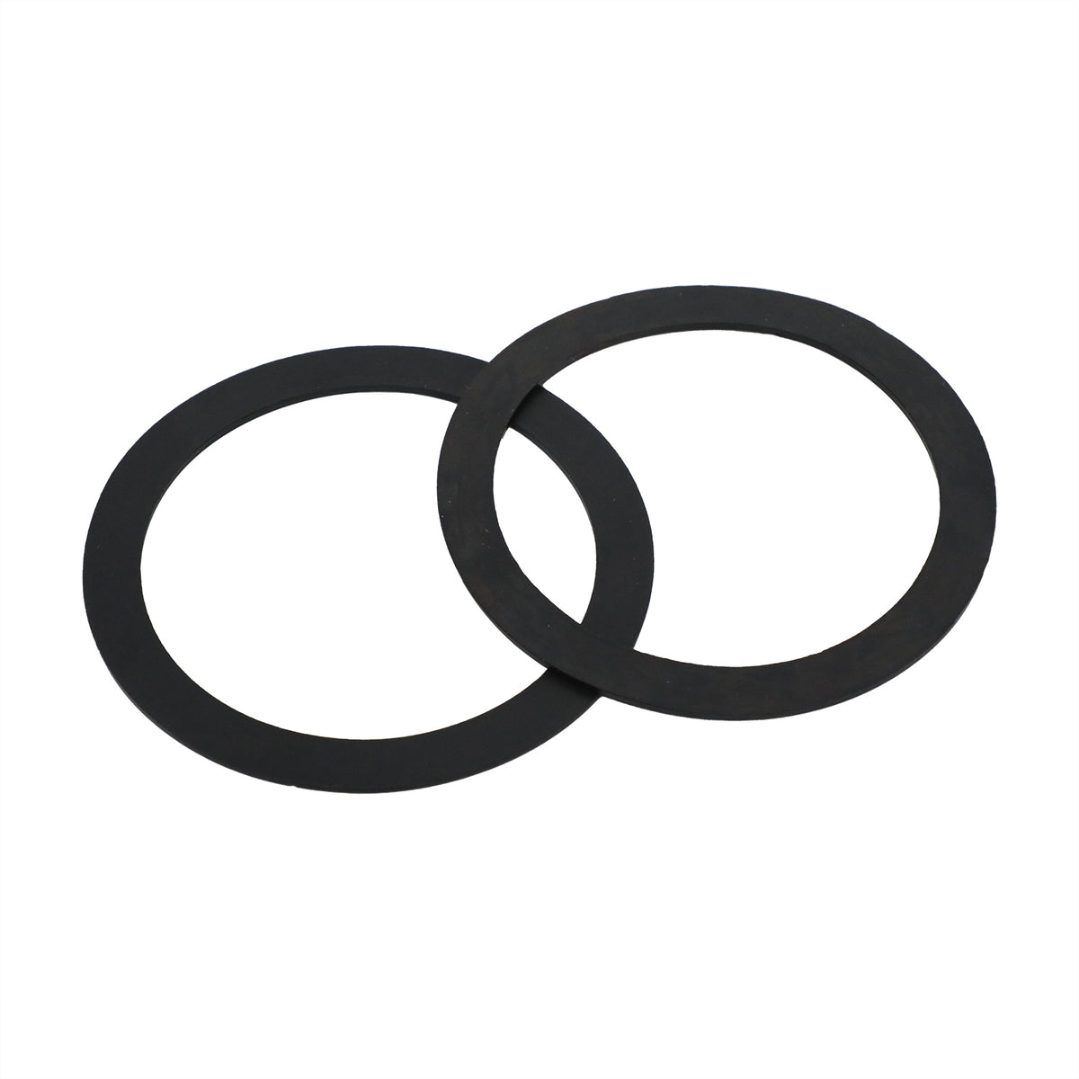 Two flat black molded rubber washer rings with central openings