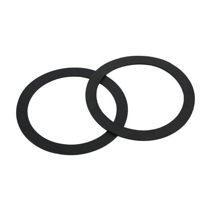 Two flat black molded rubber washer rings with central openings
