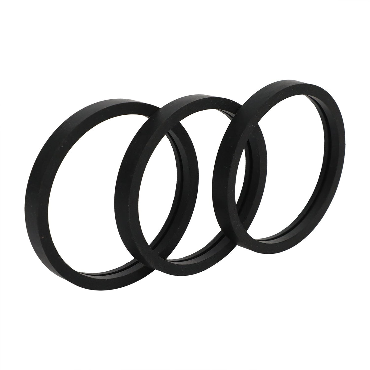 Three black molded hammer union seal rings with vee-lip profiles