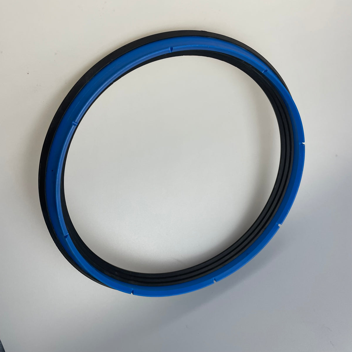 Circular hydraulic seal assembly with a blue profiled ring and black concentric elements