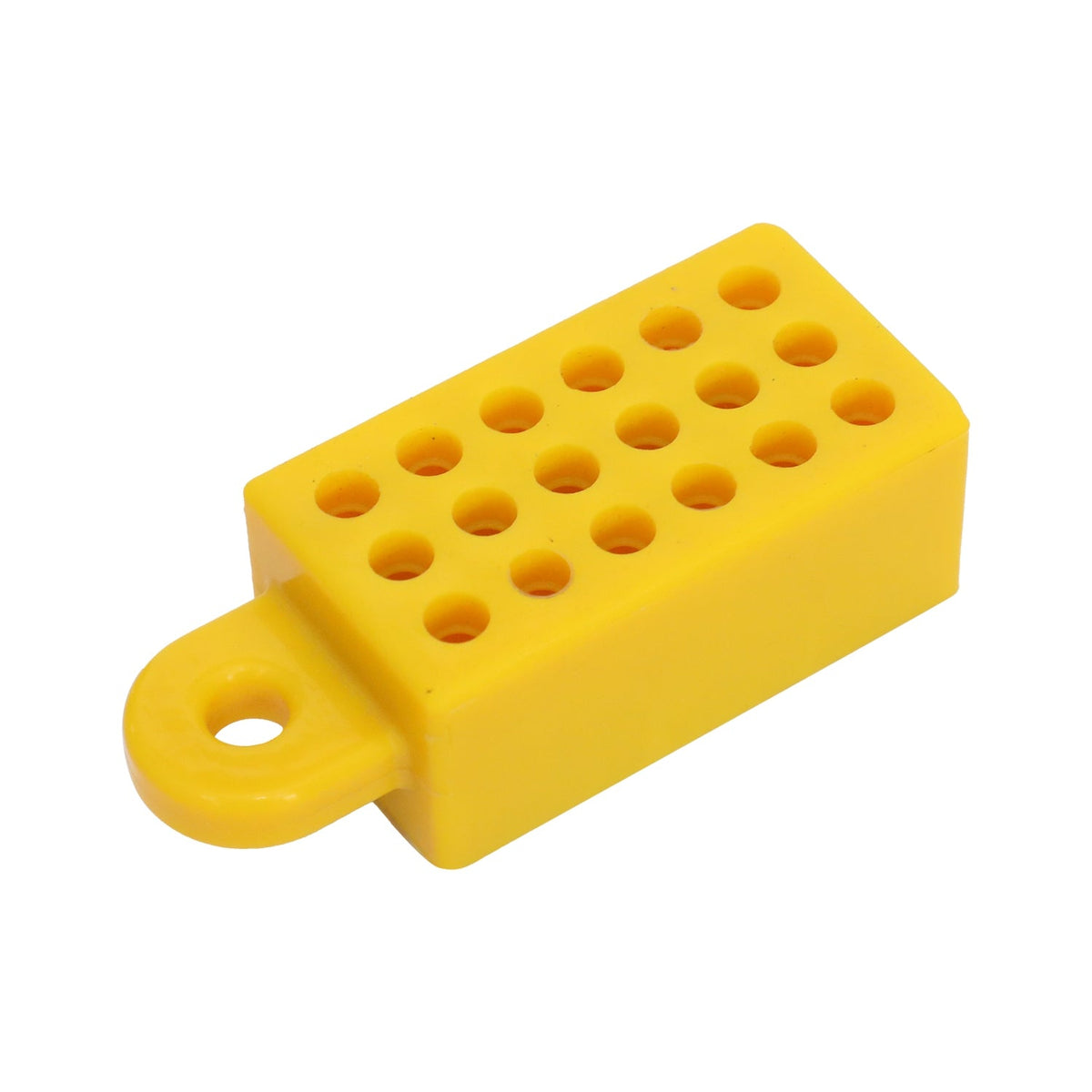 Yellow custom molded rubber part with multiple round openings and an integrated mounting tab