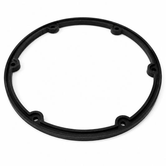Black circular ring with inward-facing mounting tabs and holes