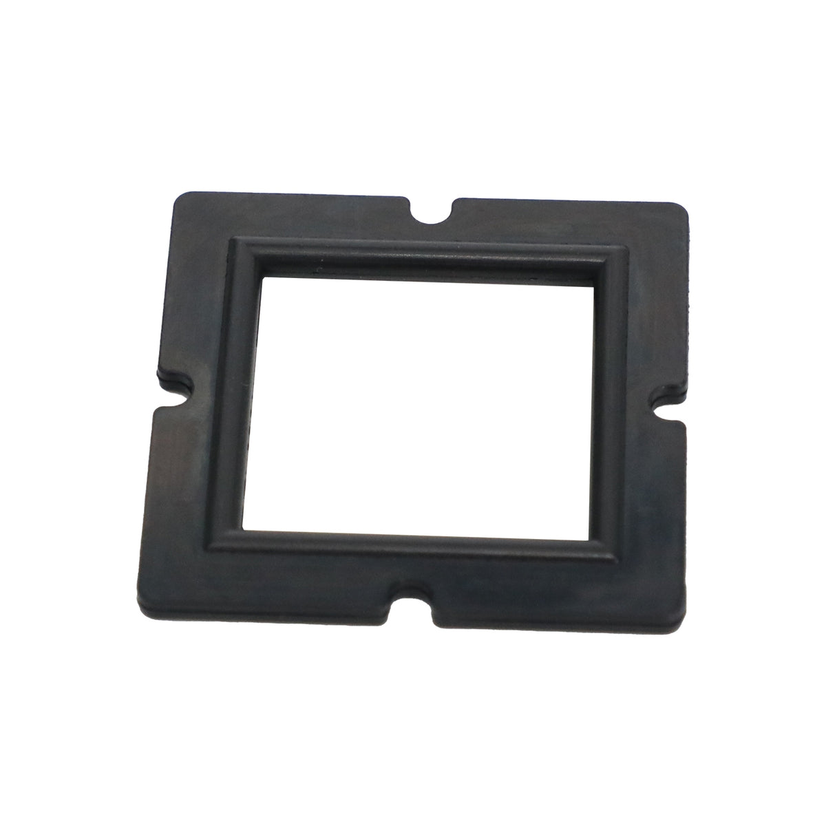 Black custom molded rubber frame gasket with square opening and locating notches