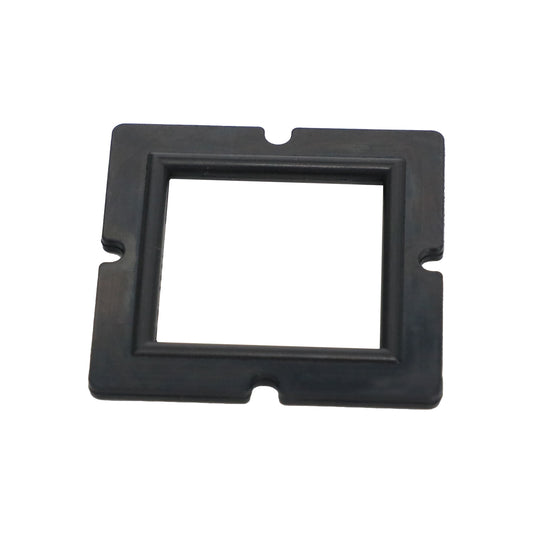 Black custom molded rubber frame gasket with square opening and locating notches