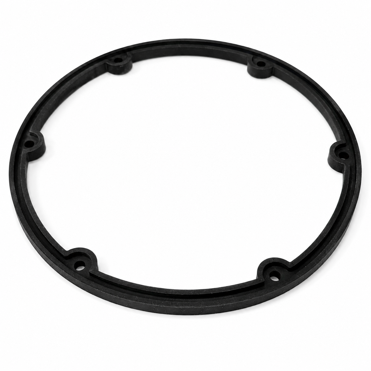 Black custom molded circular rubber housing gasket with six mounting tabs and bolt holes