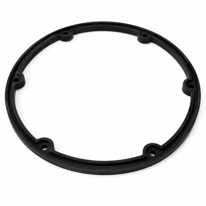 Black custom molded circular rubber housing gasket with six mounting tabs and bolt holes