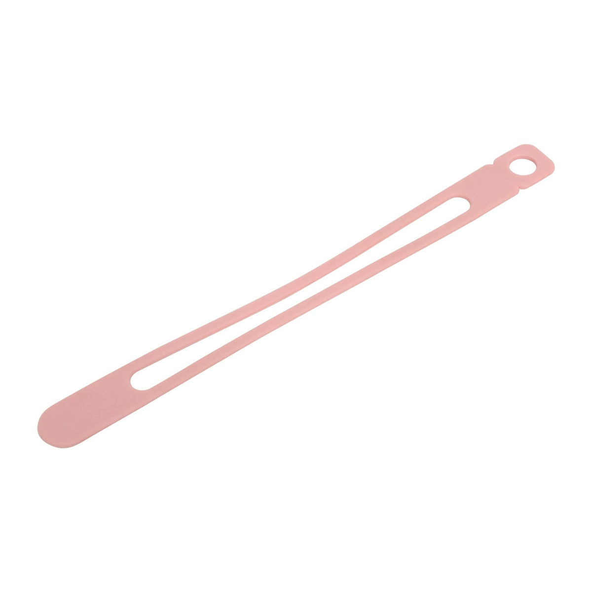 Custom molded rubber retaining tether with long center slot and mounting eyelet