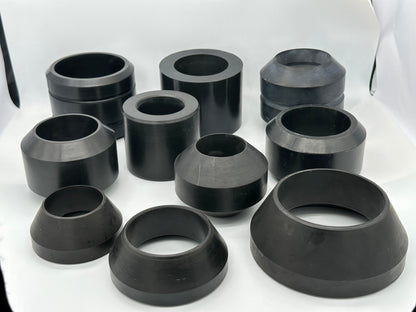 Black molded rubber sleeves with straight, stepped and tapered hollow profiles