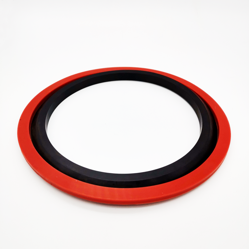 Circular molded ring with a red outer flange and a black inner profile