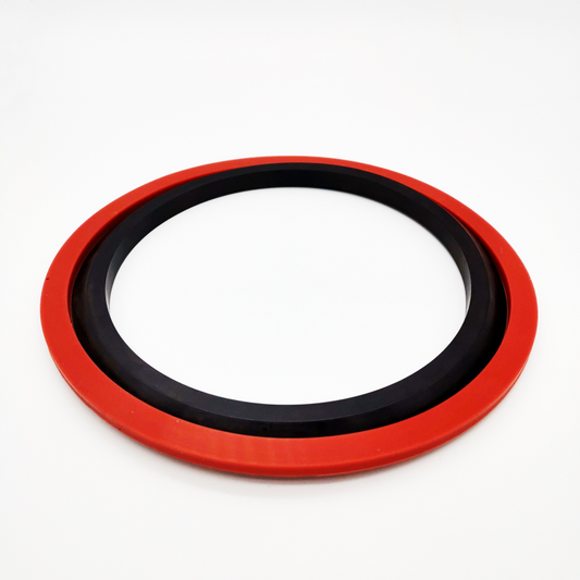Circular molded ring with a red outer flange and a black inner profile