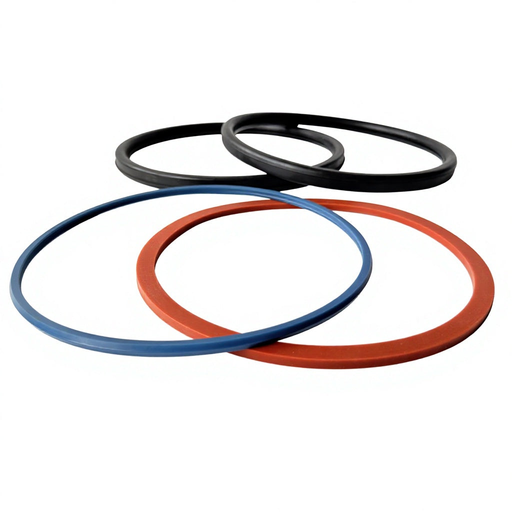 Four custom molded circular seal rings in black, blue and orange with different cross-section profiles