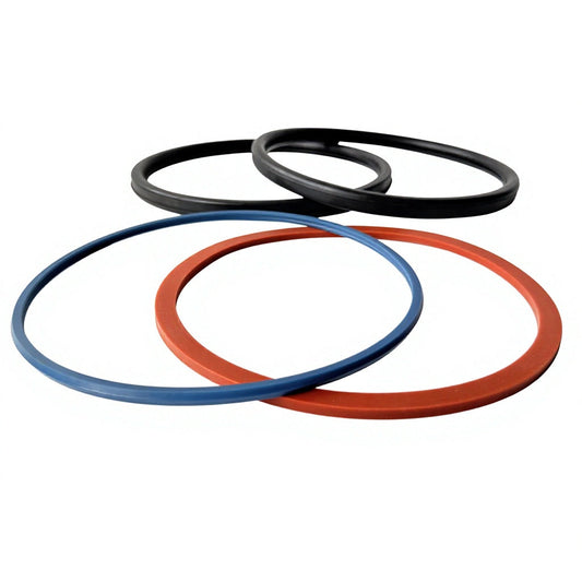 Four custom molded circular seal rings in black, blue and orange with different cross-section profiles