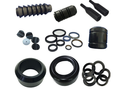 Assorted custom molded rubber components in multiple profiles