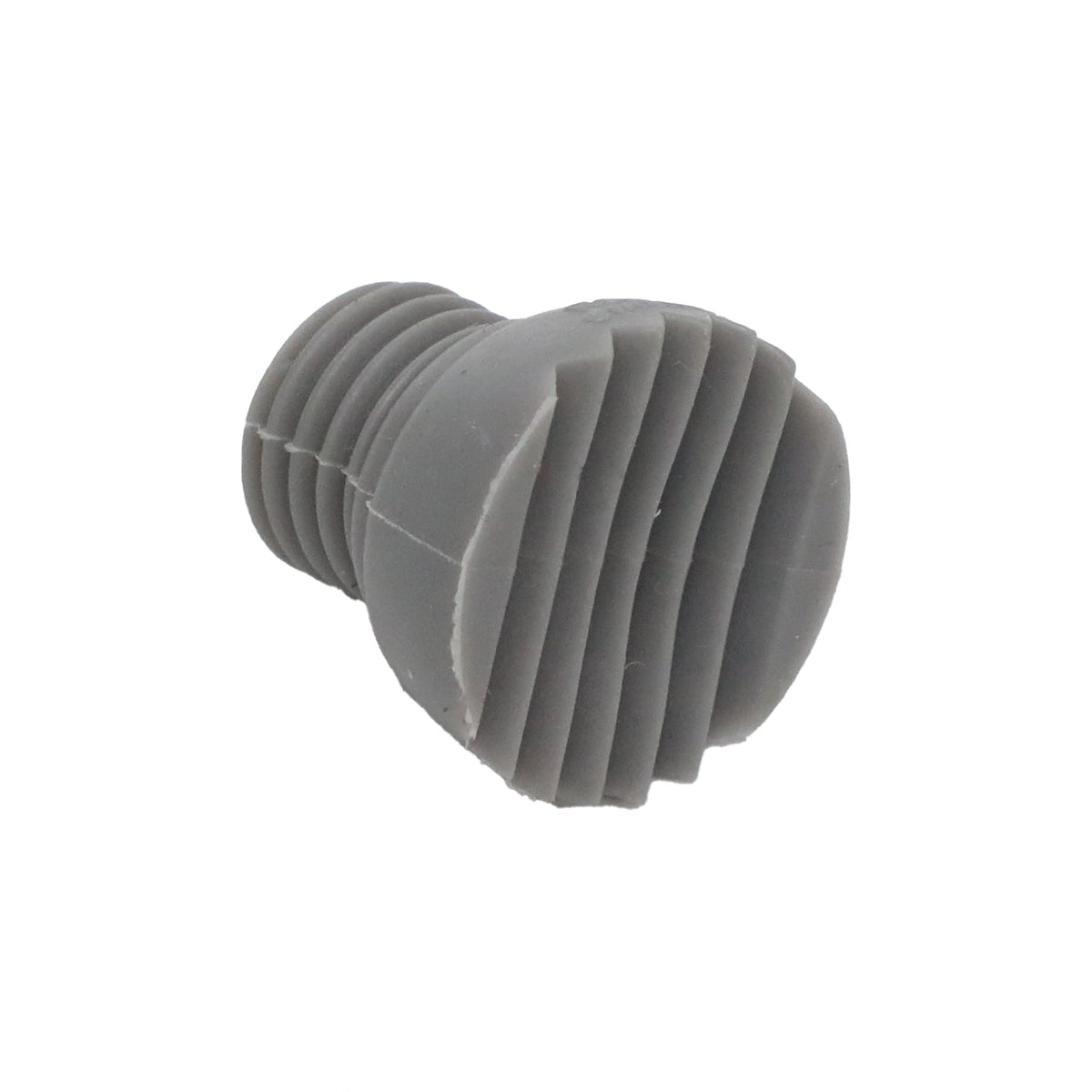Gray push-in molded rubber foot with a ribbed contact face and grooved retention stem