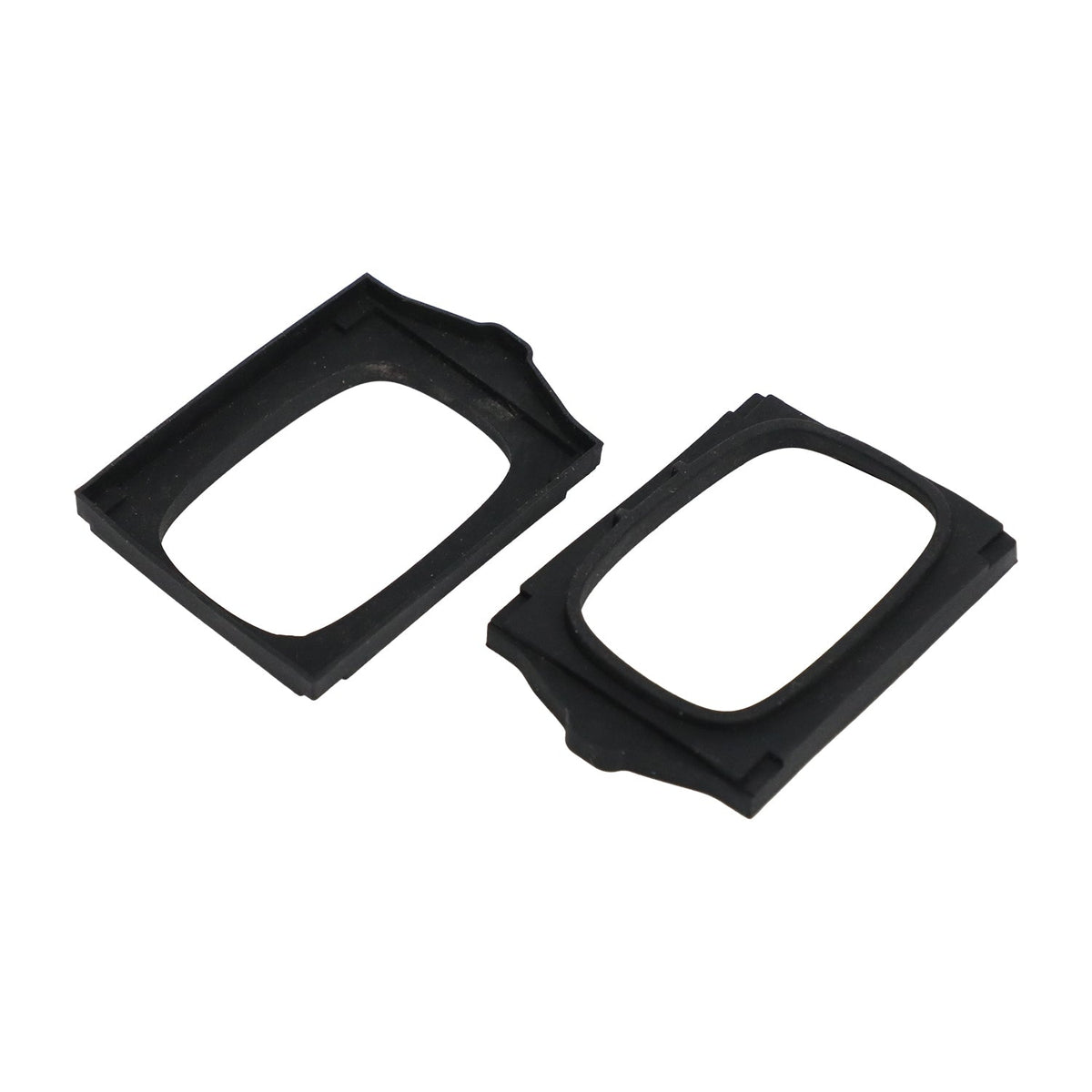 Two black custom molded rectangular rubber frame gaskets with raised sealing profiles